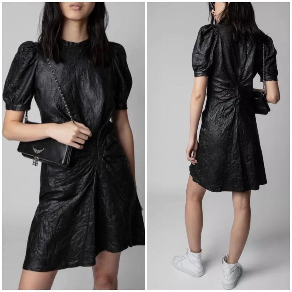NWT Zadig & Voltaire Rixe Cuir Froisse Crinkled Leather Dress Black Sz XS